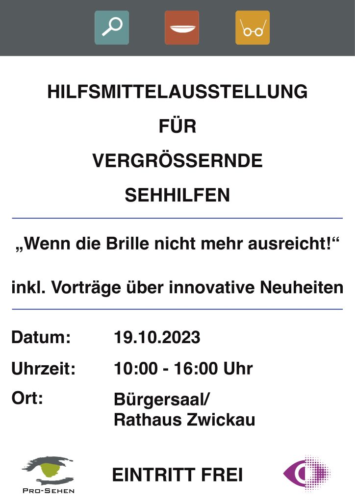 Handzettel mit dem Informationen zur Hilfsmittelausstellung für vergrößernde Sehhilfen.