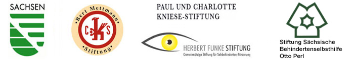 Logos BPA Förderer - Freistaat Sachsen, Bert-Mettmann-Stiftung, Paul-und-Charlotte-Kniese-Stiftung, Herbert-Funke-Stiftung, Stiftung Sächsische Behindertenselbsthilfe Otto Perl