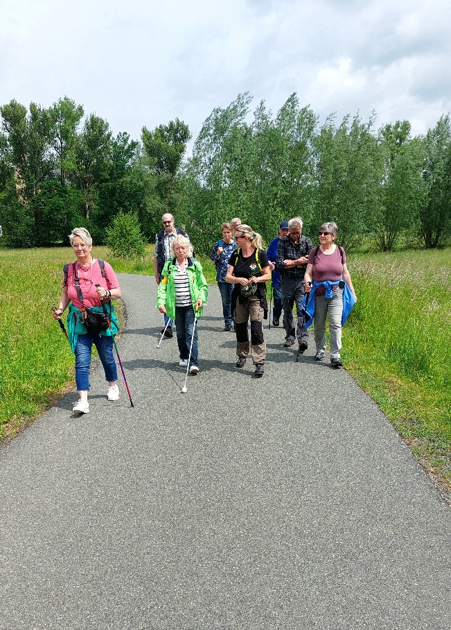 Die Gruppe im Wanderschritt. Noch ist der Weg eben und breit.