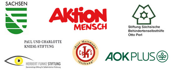 Logos BPA Förderer - Freistaat Sachsen, Aktion Mensch, Bert-Mettmann-Stiftung, Paul-und-Charlotte-Kniese-Stiftung, Herbert-Funke-Stiftung, Stiftung Sächsische Behindertenselbsthilfe Otto Perl, AOK Plus