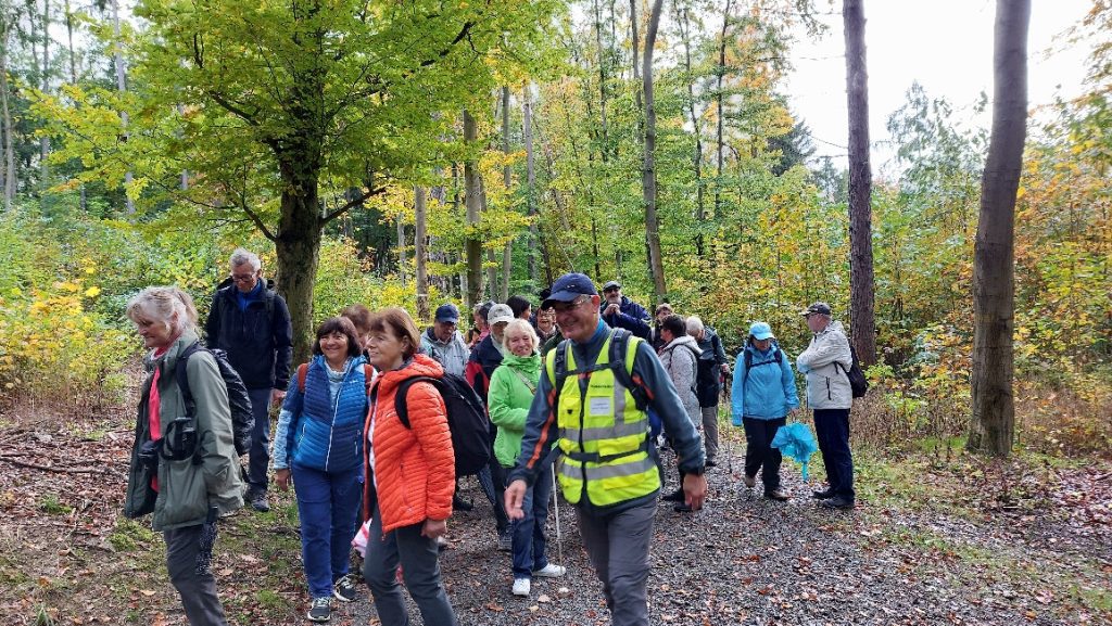 Bunt gekleidete Wanderer im herbstlich gefärbten Wald auf dem Weg zum Stadtpark in Plauen